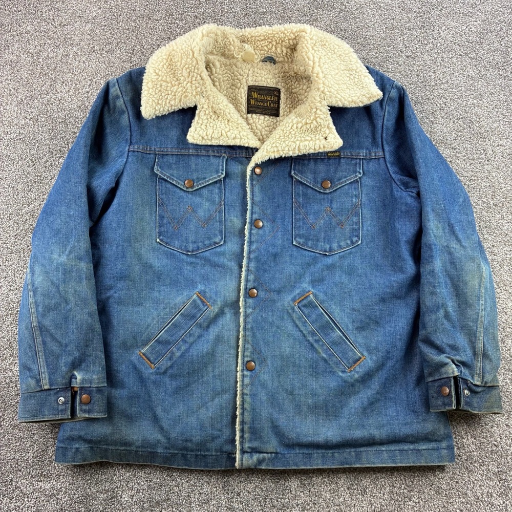 Vintage Wrangler Wrange Coat Mens XL Blue Denim Sherpa Lined Chore Barn Jacket